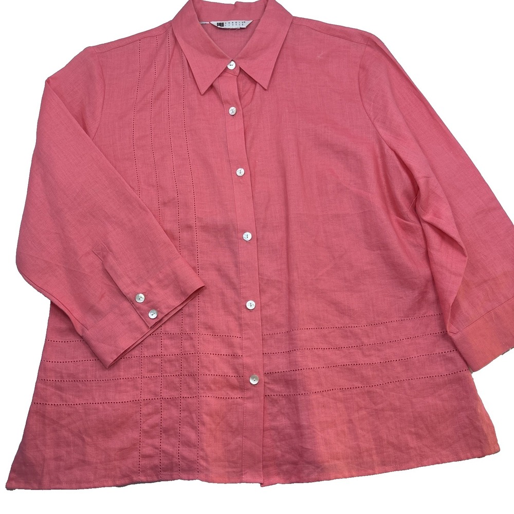 Vtg Carole Little 100% Linen Button Down Top‎ 3/4 Sleeve Melon Pink 12 Large